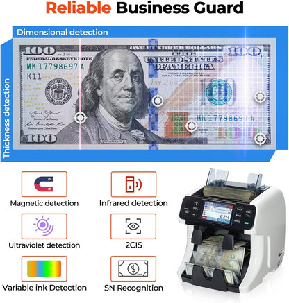 MUNBYN IMC40 2-Pocket Money Counter Machine Mixed Denomination and Sorter, Built-In Printer, Sort on DENOM/FACE/ORI, Value Counting, Counterfeit Detection 2 CIS/UV/MG/IR, Touch Screen, 2Y Protection