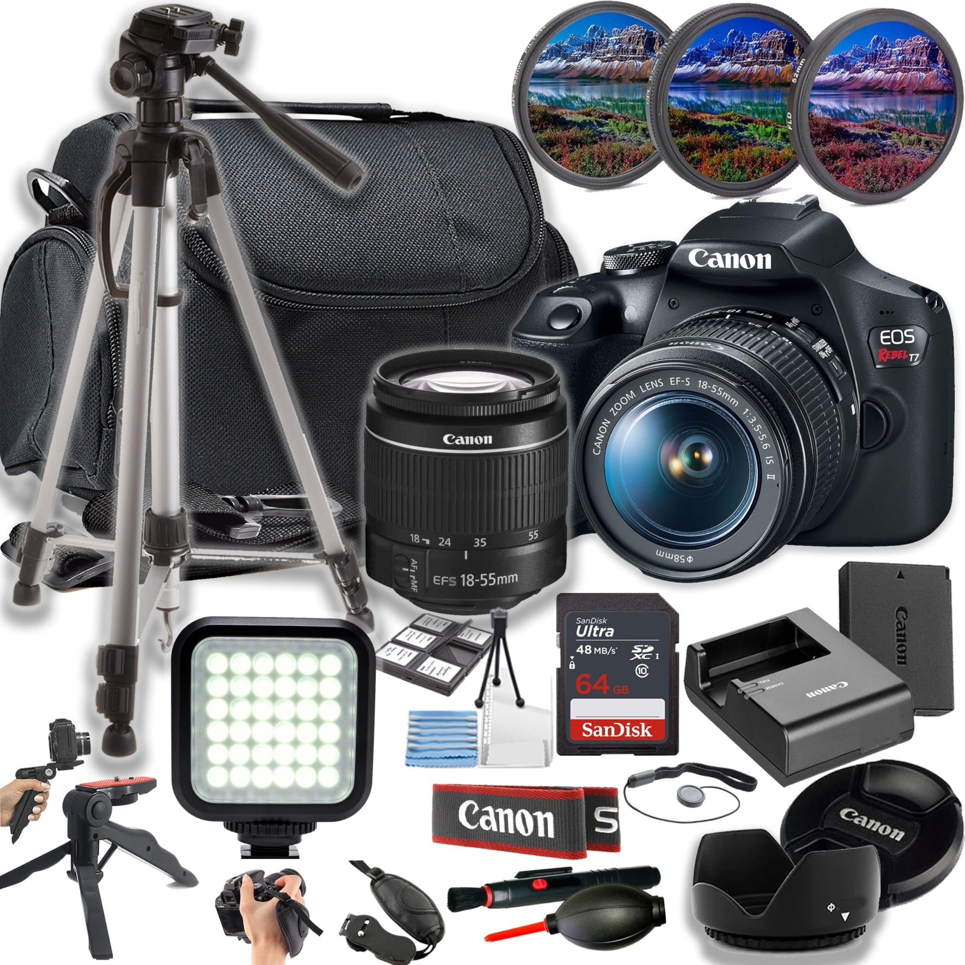 Canon EOS Rebel T7 / EOS 2000D 24MP DSLR Camera W/Ef-S 18-55Mm F/3.5-5.6 Is II Lens + LED Light + 64GB Memory + Filters + Case + Tripod + Grips + Hood, and More (24Pc Bundle) (International Version)