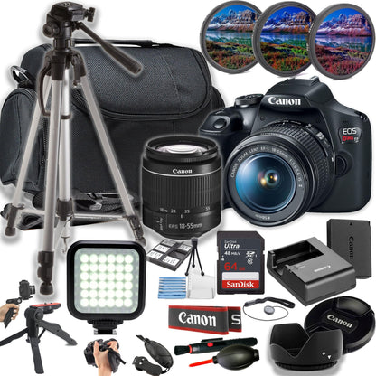 Canon EOS Rebel T7 / EOS 2000D 24MP DSLR Camera W/Ef-S 18-55Mm F/3.5-5.6 Is II Lens + LED Light + 64GB Memory + Filters + Case + Tripod + Grips + Hood, and More (24Pc Bundle) (International Version)