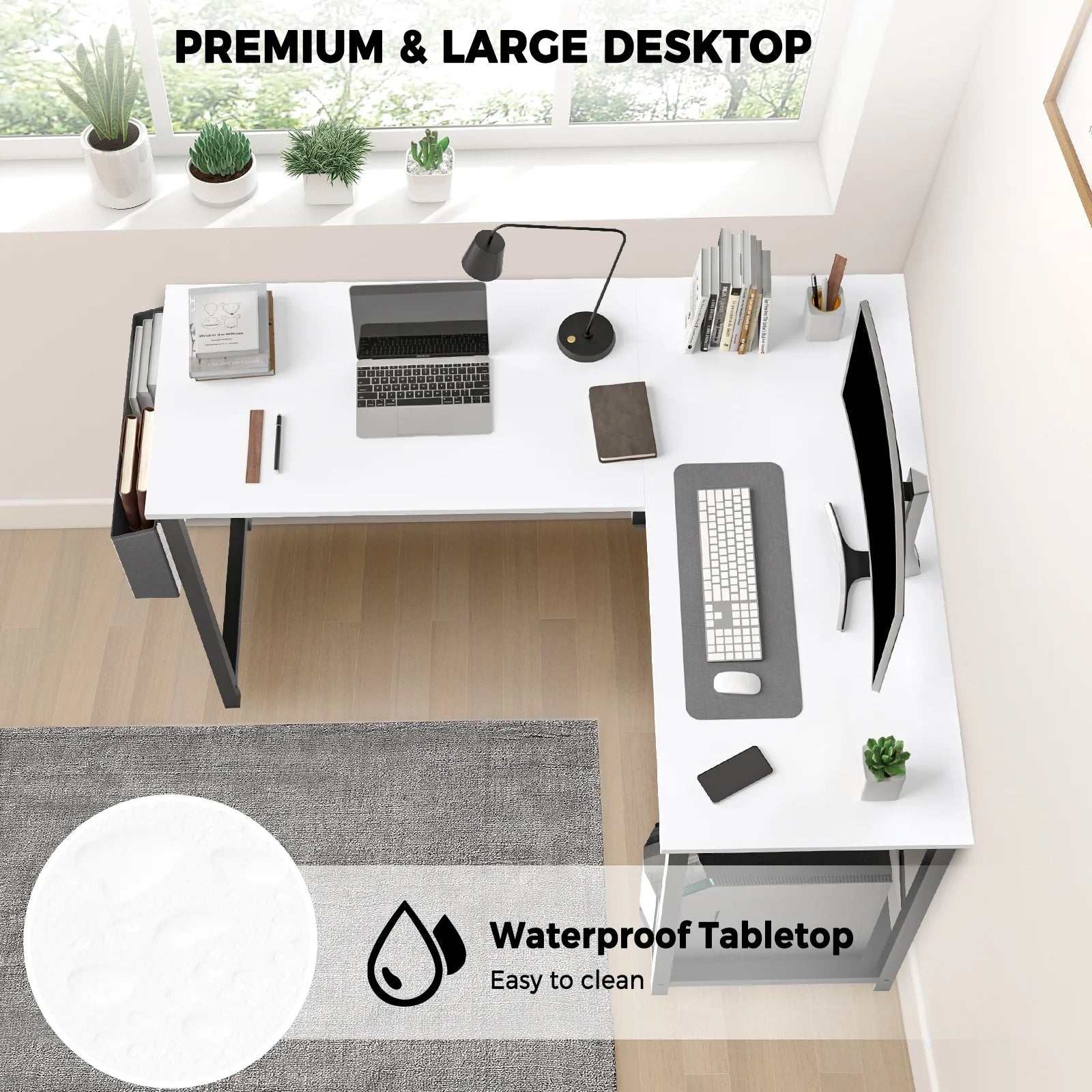 L Shaped Computer Desk with Wooden Desktop CPU Stand Side Bag Reversible, White