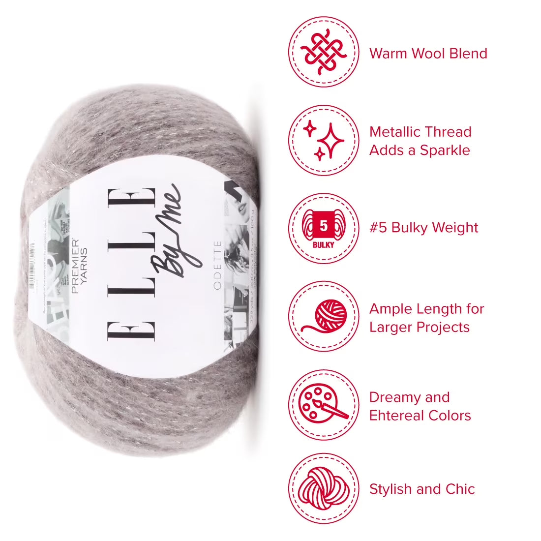 Premier Yarns ELLE by Me Odette, Bulky Yarn for Crocheting and Knitting, Merino Wool Blend, Wisp