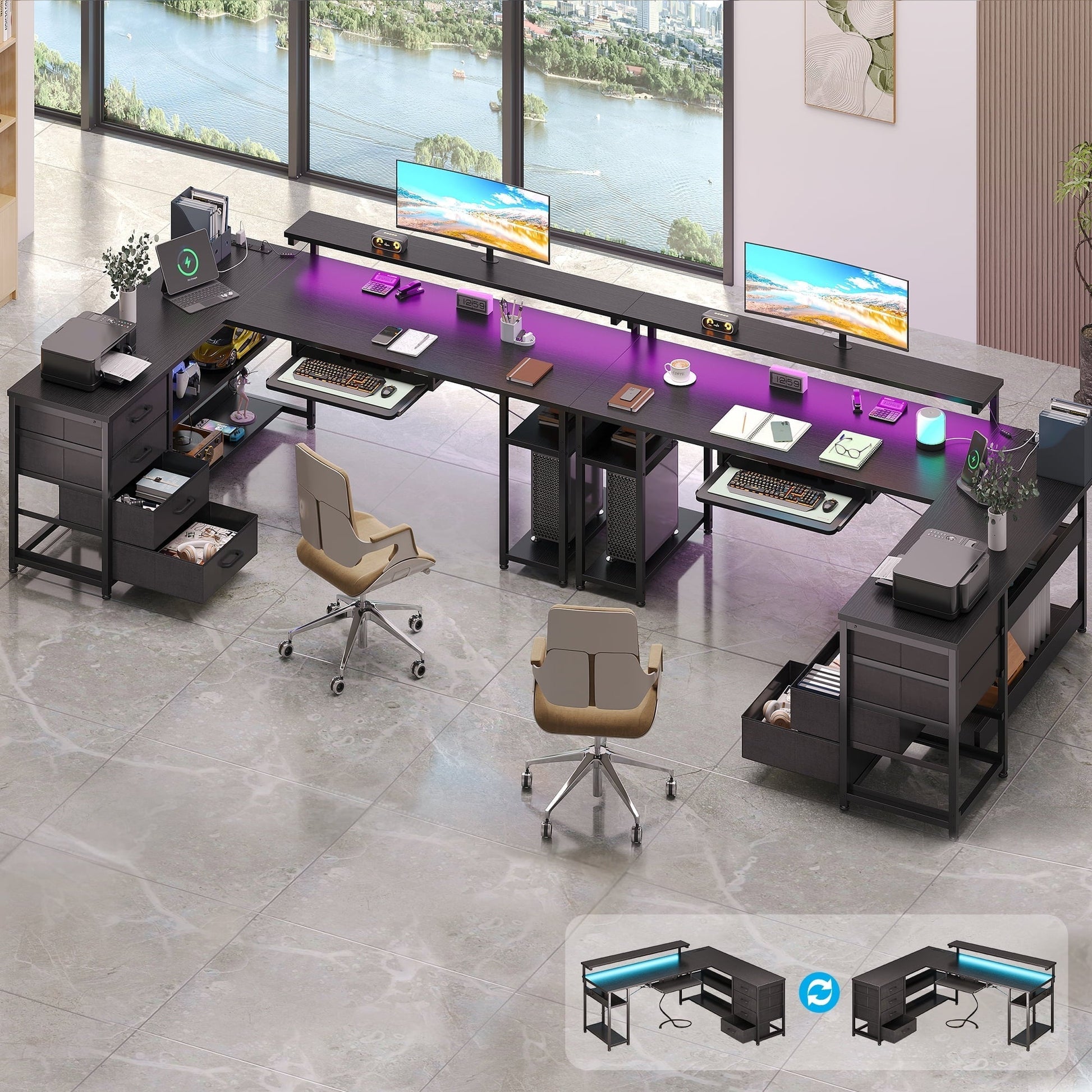 61 Inch L Shaped Gaming Desk with 4 Drawers & Power Outlets, Home Office Desk with Adjustable Heights Monitor Stand & Keyboard Tray, Computer Desk with LED Light, Pure Black