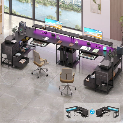 61 Inch L Shaped Gaming Desk with 4 Drawers & Power Outlets, Home Office Desk with Adjustable Heights Monitor Stand & Keyboard Tray, Computer Desk with LED Light, Pure Black