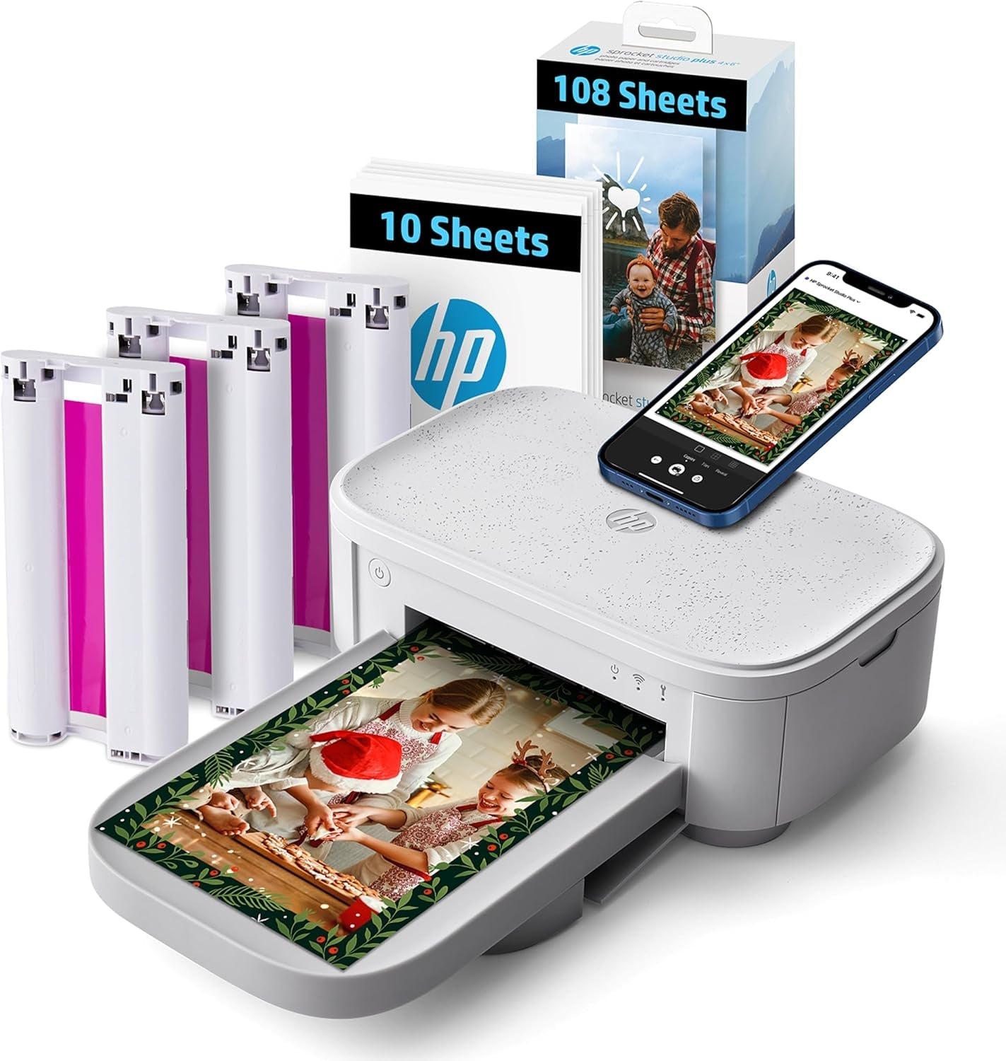 HP Sprocket Studio plus 4X6 Wireless Instant Photo Printer, 118 Sheets + 3 Cartridges, Wi-Fi, Premium Dye Sublimation, Compact Home Use, Prints Vibrant Color Pictures, Editing App for Fun Photos