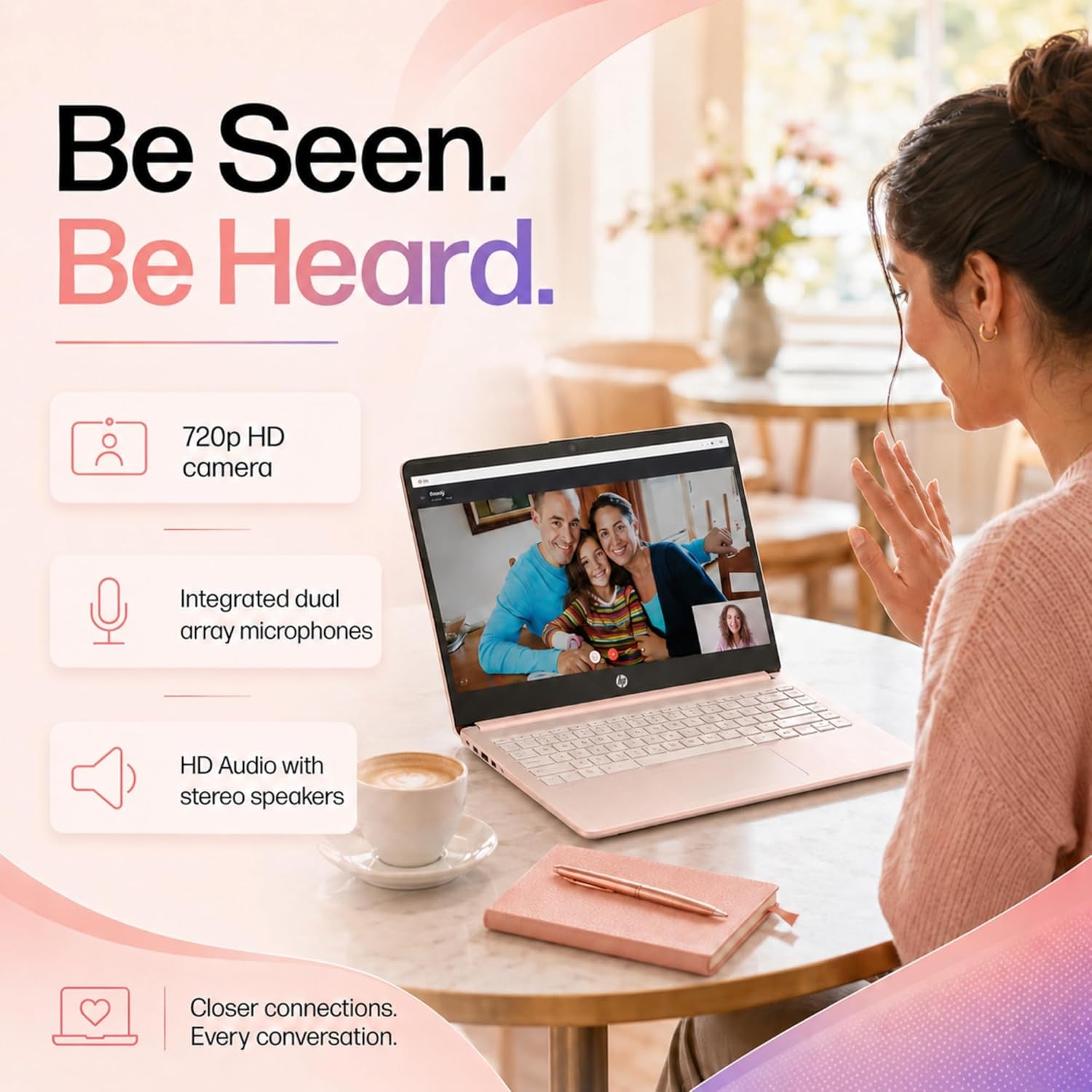HP Business and Home Laptop, 8GB RAM, 128GB SSD, Intel Processor, Microsoft Office 365 1 Year | No Mouse, Fast Response, Long Battery Life Computer, Rose Gold
