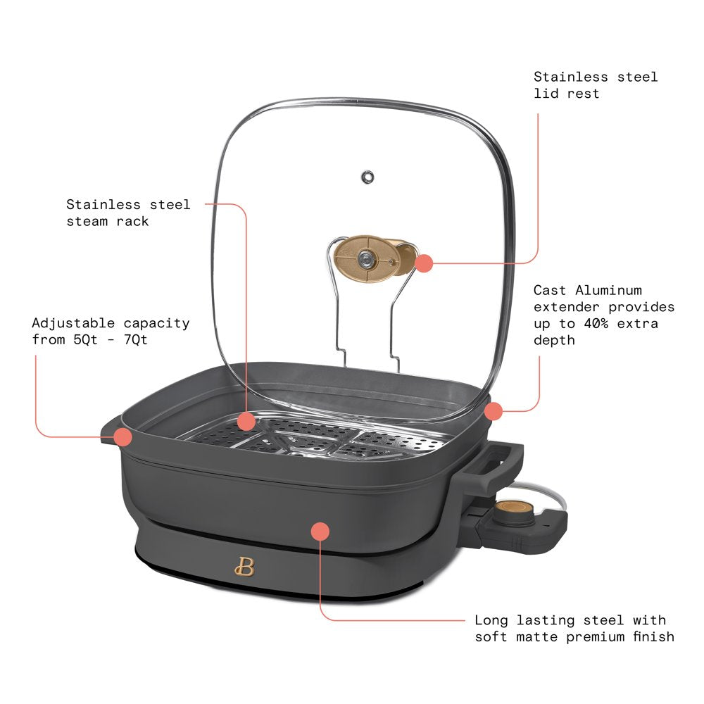 5 in 1 Electric Skillet - Expandable up to 7 Qt with Glass Lid, Oyster Grey by Drew Barrymore