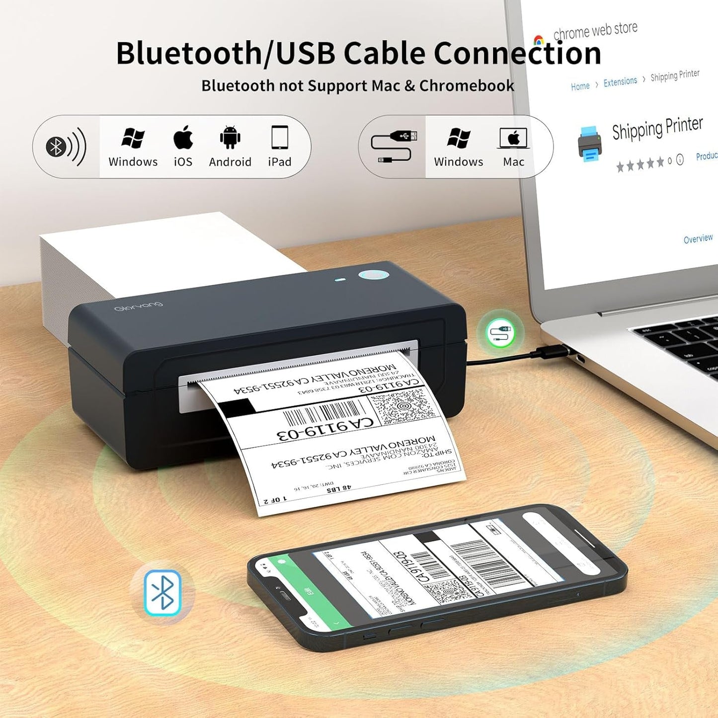 Bluetooth Thermal Shipping Label Printer, 4X6 Inkless Label Machine for Ios, Android, Laptop, Wireless Printer for Small Business, Compatible with Amazon, UPS, Shopify, Black