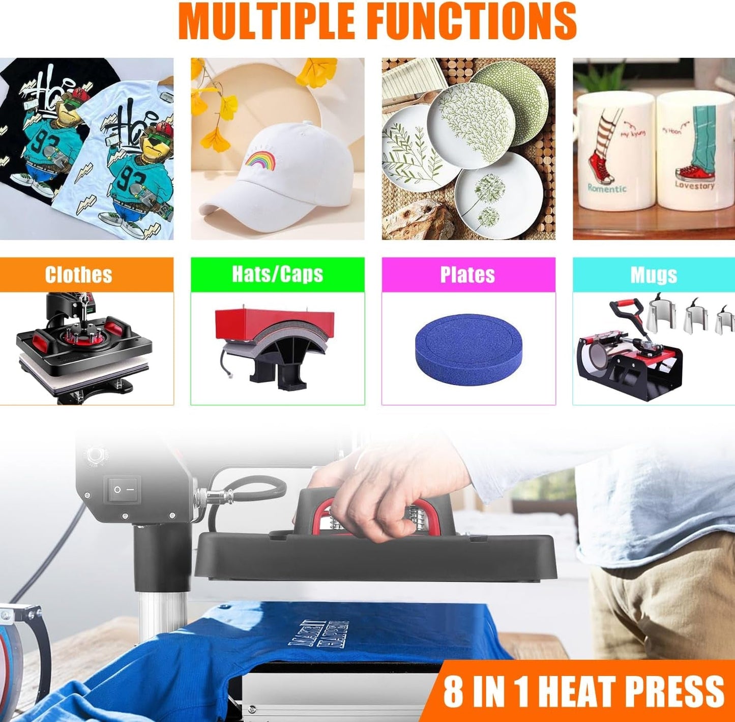 Pro Heat Press, 8 in 1 Heat Press Machine for T Shirts, 15 X 12 Inch Shirt Press Machine, 360-Degree Swing Away Heat Transfer Sublimation Shirt Printing Machine for Tshirts Mugs Plates Caps (R-8 in 1)