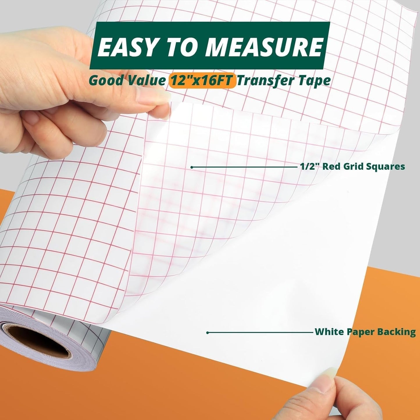 Transfer Tape for Vinyl -12" X 16 FT W/Red Alignment Grid Transfer Paper, Medium Tack Vinyl Transfer Tape for Signs Stickers Decals Walls Doors & Windows