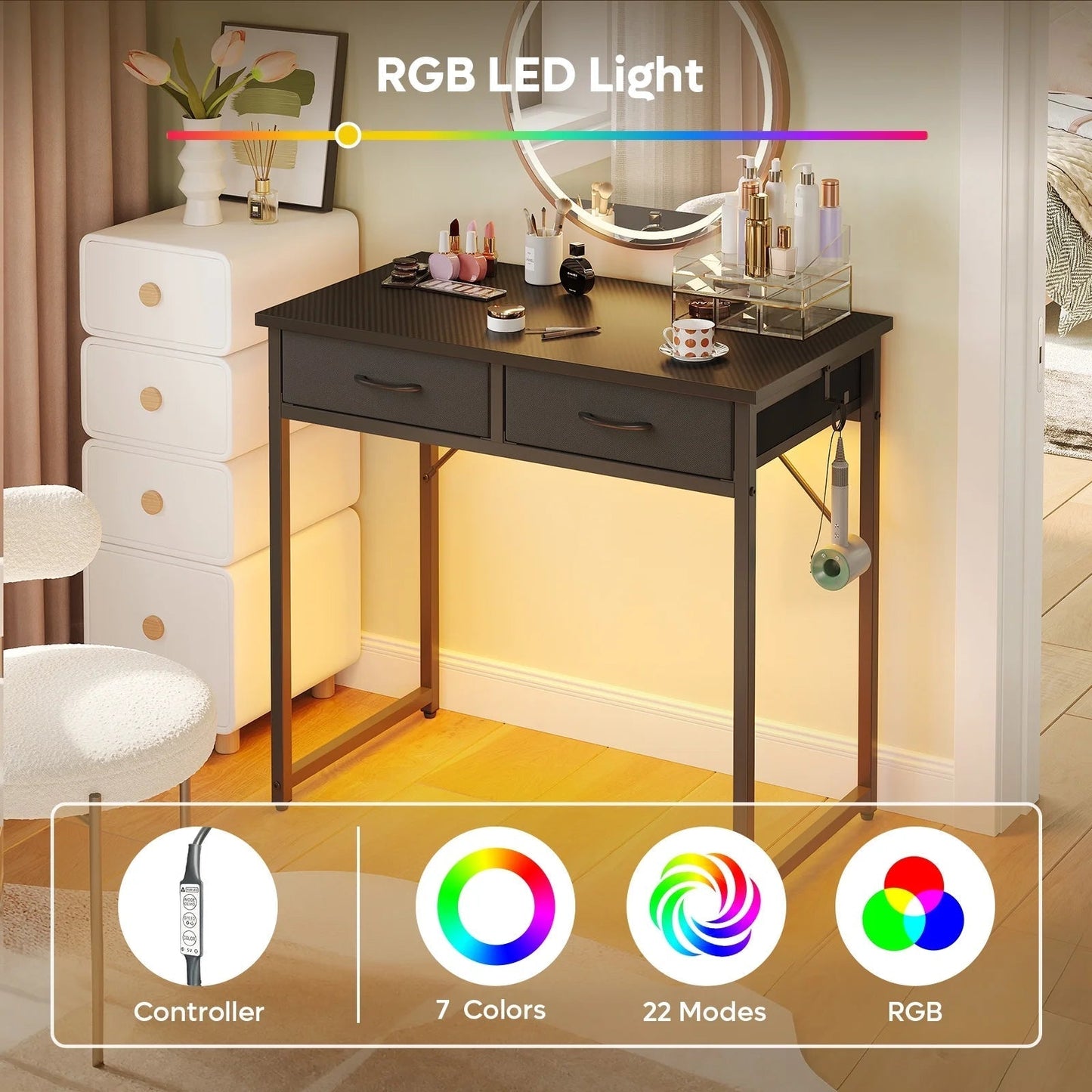 32 Inch Small Desk Computer Desk with Fabric Drawers& RGB LED Light, Writing Desk, White Vanity Desk with Hanging Hook Hook for Home, Bedroom, Black