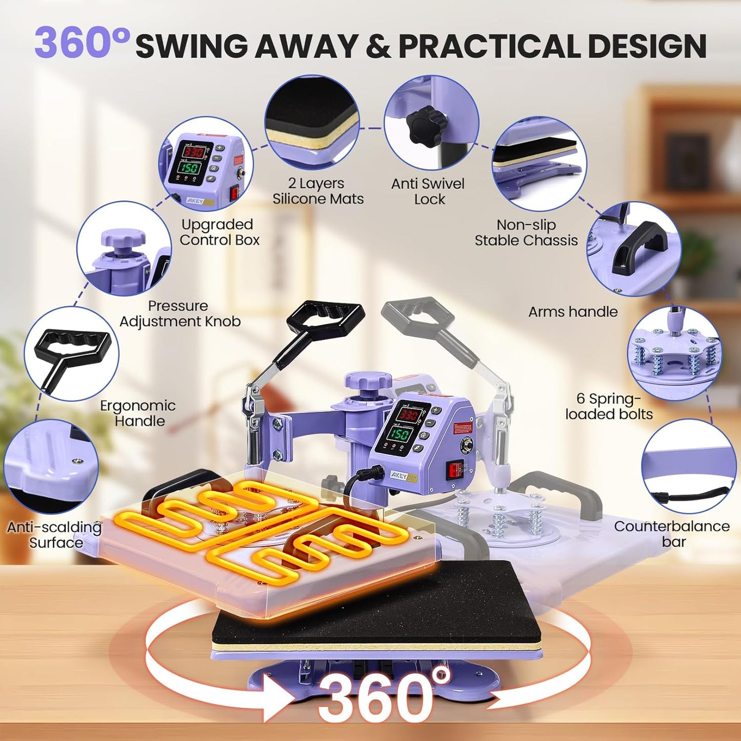 AKEYDIY Heat Press 15X12 Inch, 8 in 1 Heat Press Machine for T-Shirts Hat Cap Mug Plate, 360° Swing Away Shirt Pressing Machine, Sublimation Heat Transfer Machine with Tumbler Press Hat Press, Purple