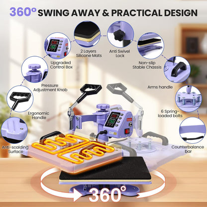 AKEYDIY Heat Press 15X12 Inch, 8 in 1 Heat Press Machine for T-Shirts Hat Cap Mug Plate, 360° Swing Away Shirt Pressing Machine, Sublimation Heat Transfer Machine with Tumbler Press Hat Press, Purple