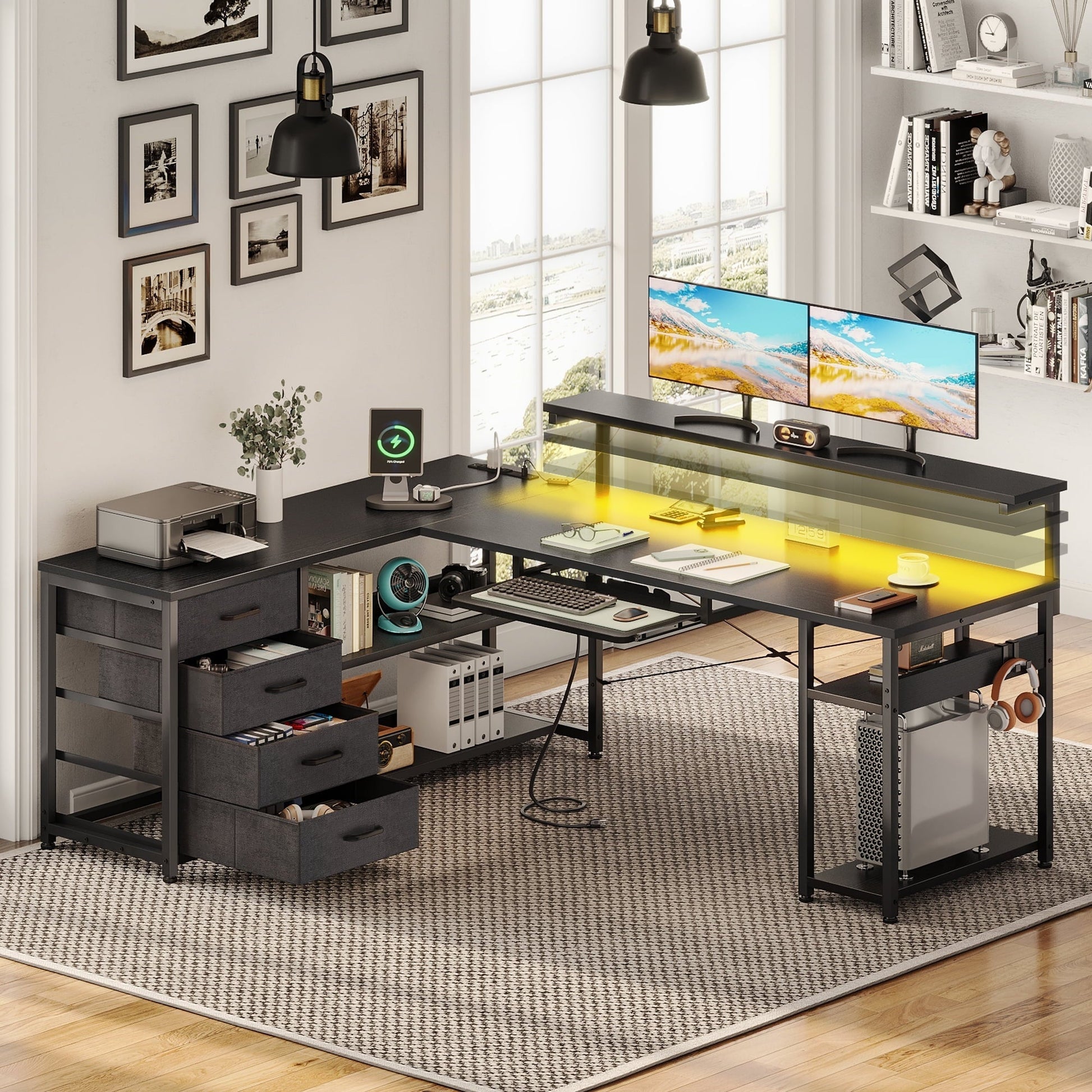 61 Inch L Shaped Gaming Desk with 4 Drawers & Power Outlets, Home Office Desk with Adjustable Heights Monitor Stand & Keyboard Tray, Computer Desk with LED Light, Pure Black