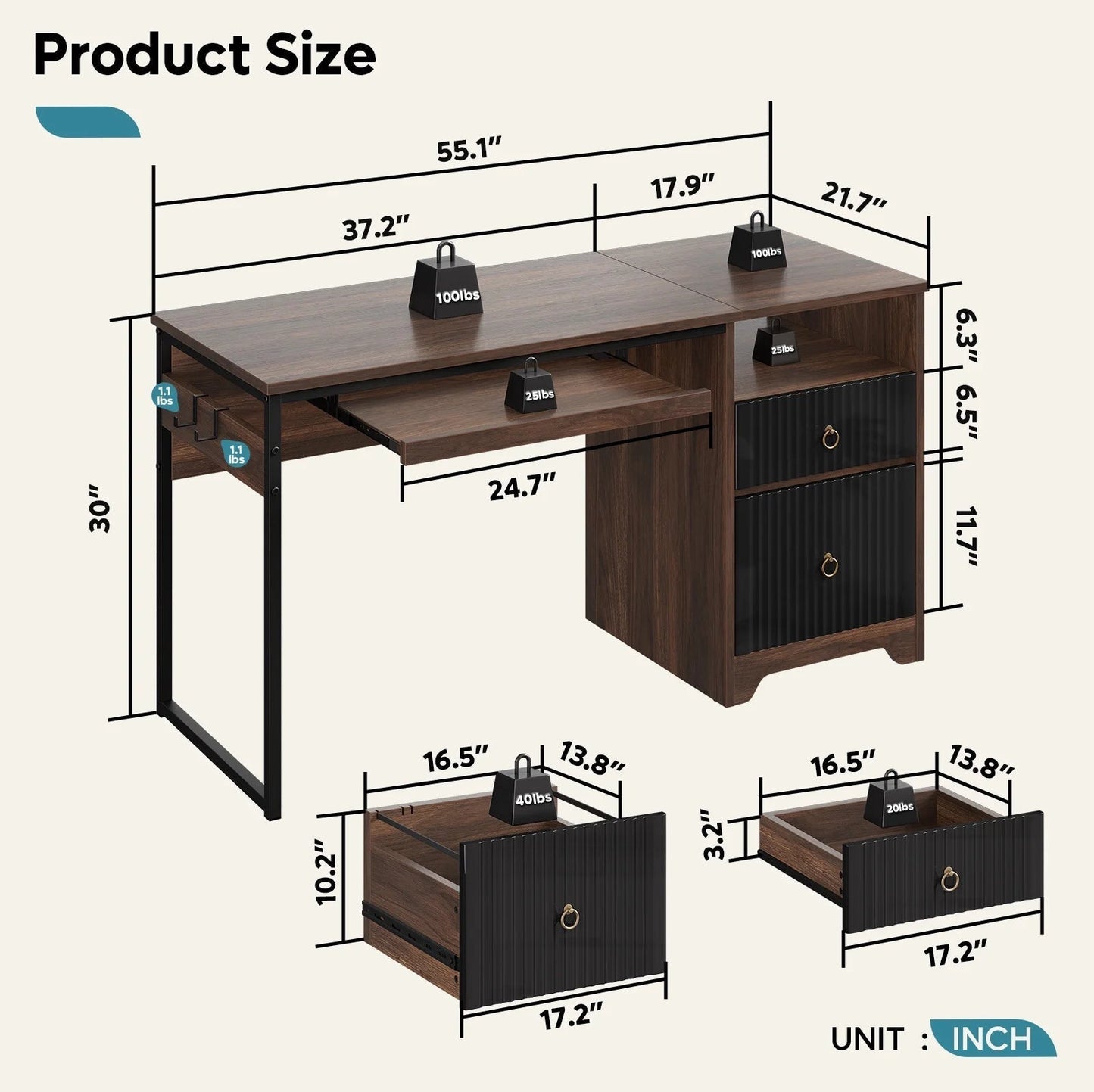 55 Inch Office Desk with Drawers, Keyboard Tray, 2 Hooks, Modern Fluted Computer Desk for Home, Walnut