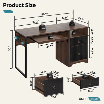 55 Inch Office Desk with Drawers, Keyboard Tray, 2 Hooks, Modern Fluted Computer Desk for Home, Walnut