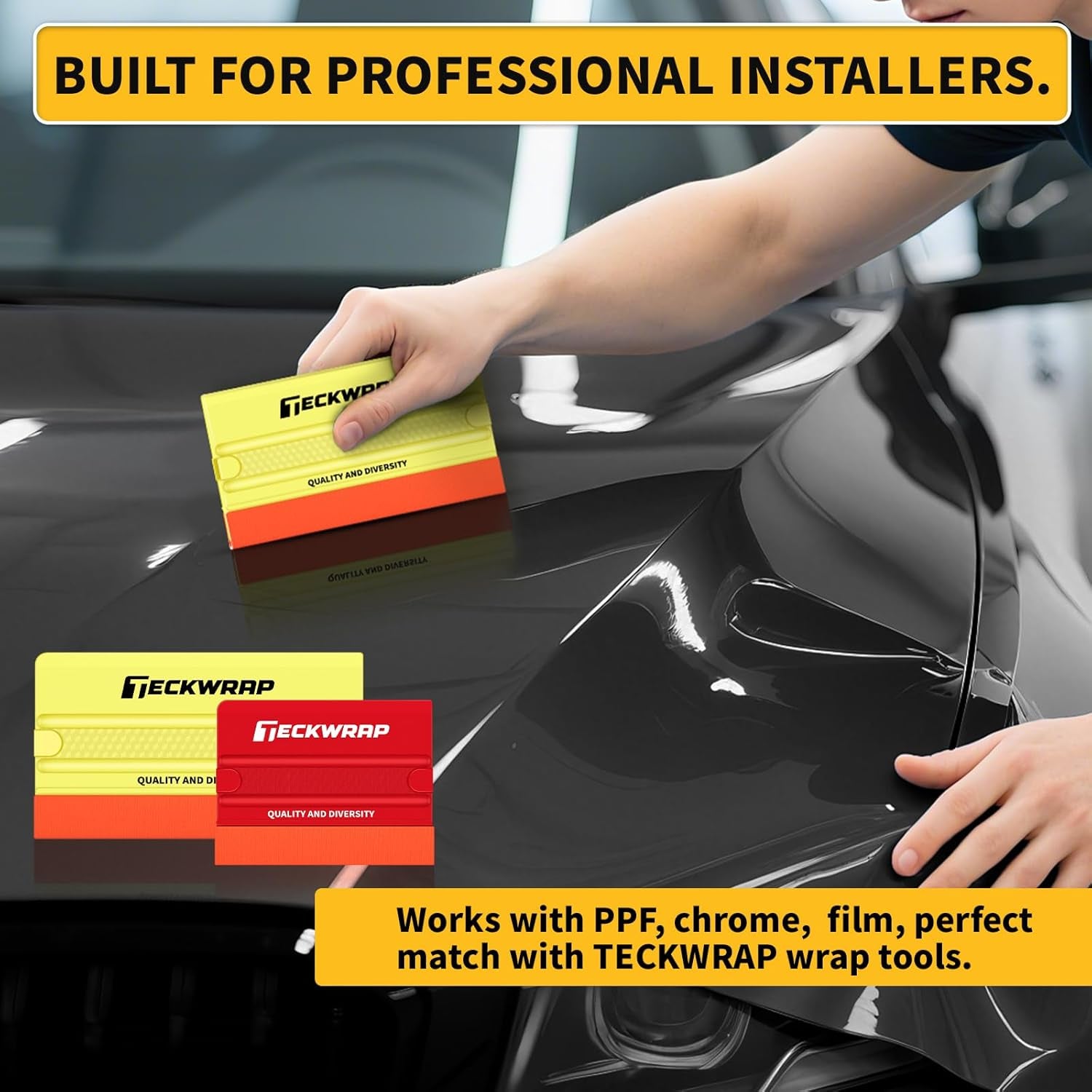 Felt Squeegee for Vinyl Wrap, 2 Hardness Options Vinyl Scraper Tool with Anti-Slip Twin Ribs & Dual-Corner Design for PPF, Tint & Decals (Yellow 40A / Red 60A)