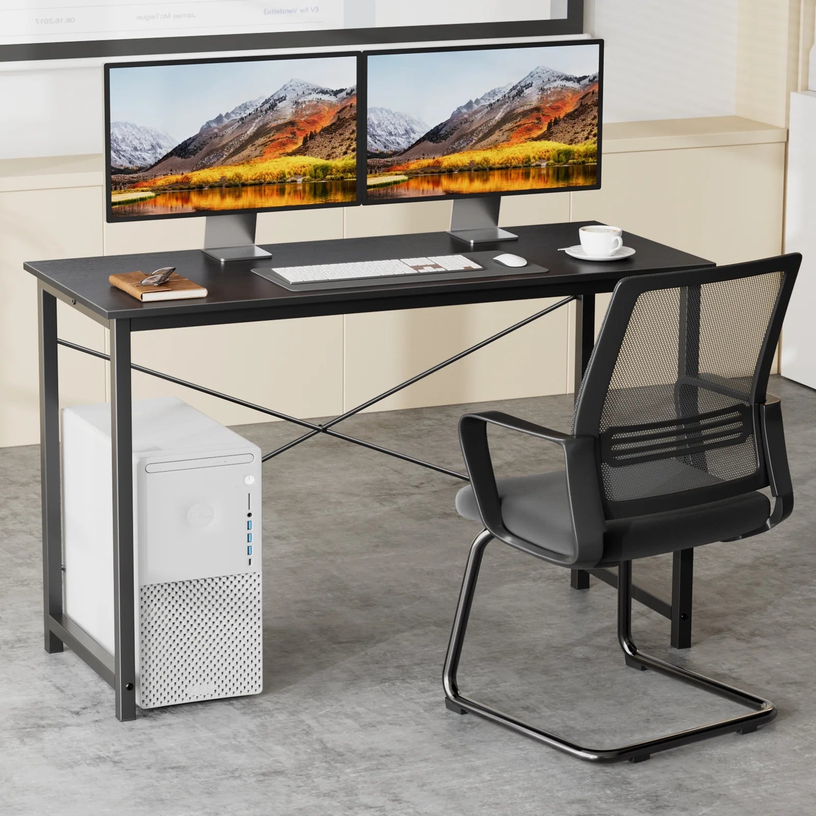Small Computer Desk 31 Inch Writing Desk with Storage Bag Iron Hook Metal Frame for Home, Black