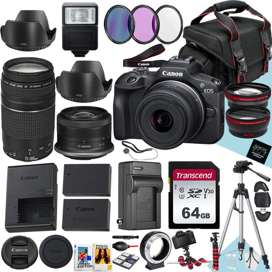 Canon EOS R100 Mirrorless Camera with RF-S 18-45Mm F/4.5-6.3 IS STM and EF 75-300Mm F/4-5.6 III Lens + 64 GB Memory + Extra Battery + Battery Charger + Filters + Tripod + More (32Pc Bundle)