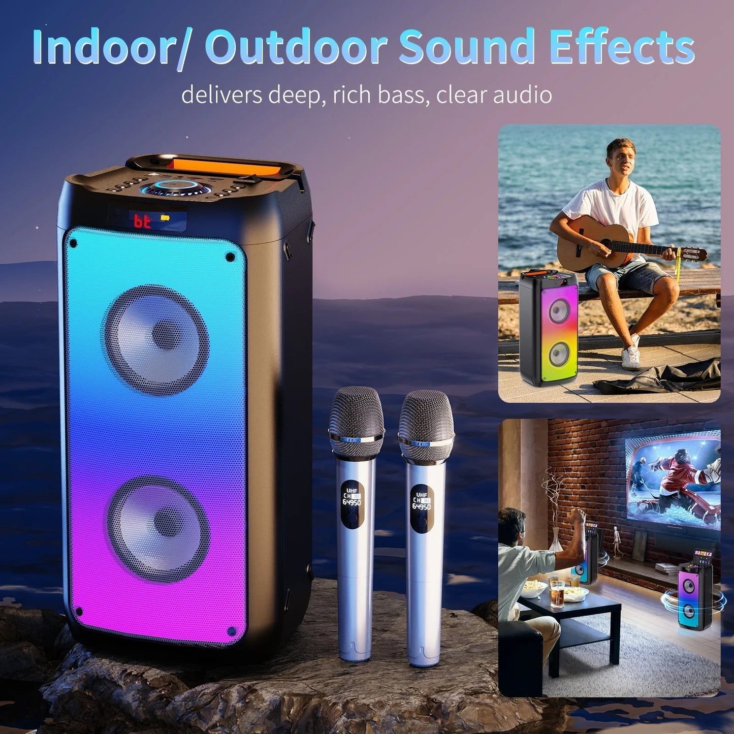Party Speaker, Portable Bluetooth Speaker with 2 Microphone, Stereo Bass Speaker for Christmas Party