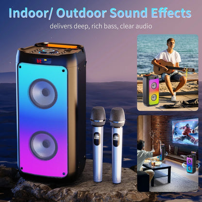 Party Speaker, Portable Bluetooth Speaker with 2 Microphone, Stereo Bass Speaker for Christmas Party