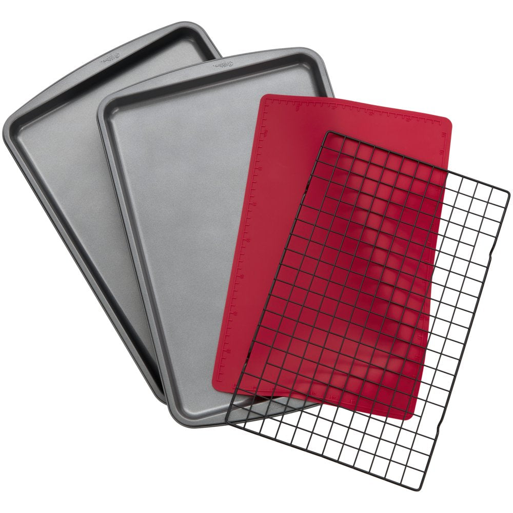 Nonstick Cookie Sheet, Cooling Grid and Silicone Baking Mat Bakeware Set, 4-Piece