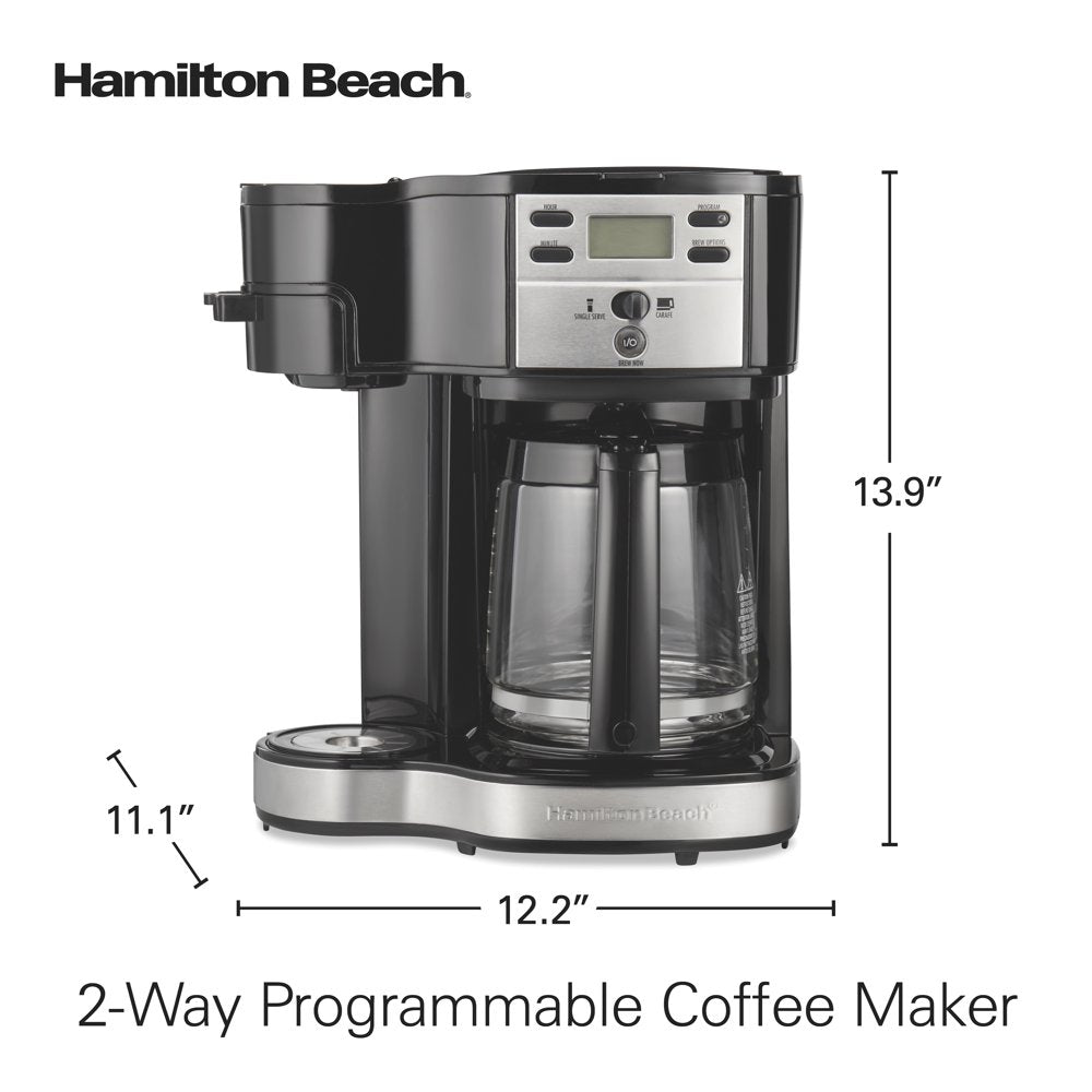 2-Way Programmable Coffee Maker, Single-Serve and 12-Cup Pot, Glass Carafe, Stainless Steel, 47650