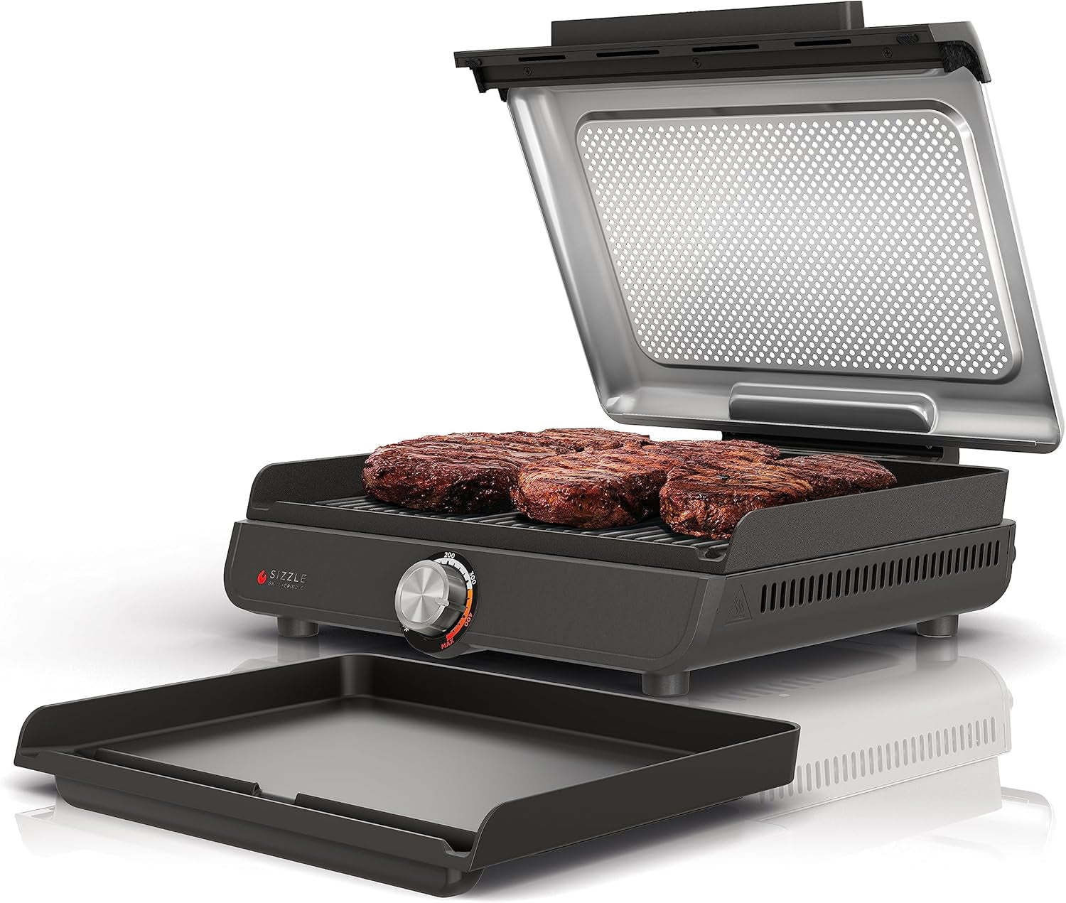 Ninja® Sizzle™ Indoor Grill & Griddle, 14'', 500°F, Grey/Silver, GR101 | Interchangeable Nonstick Grill & Griddle Plate, Dishwasher-Safe Lid, 500°F Edge-To-Edge Heat for Perfect Char-Grilled Marks.