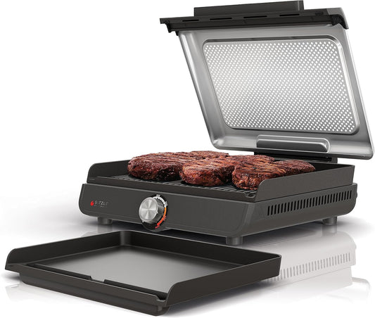 Ninja® Sizzle™ Indoor Grill & Griddle, 14'', 500°F, Grey/Silver, GR101 | Interchangeable Nonstick Grill & Griddle Plate, Dishwasher-Safe Lid, 500°F Edge-To-Edge Heat for Perfect Char-Grilled Marks.