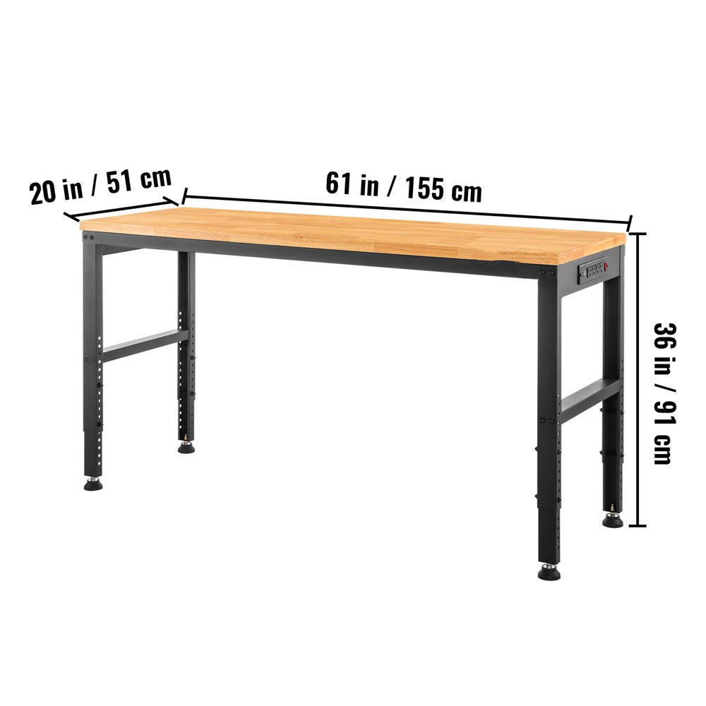 Workbench Adjustable Height, 61"L X 20"W X 36"H Garage Table W/ 27.1" - 36" Heights & 2000 Lbs Load Capacity, with Power Outlets & Hardwood Top & Metal Frame & Foot Pads, for Office Home