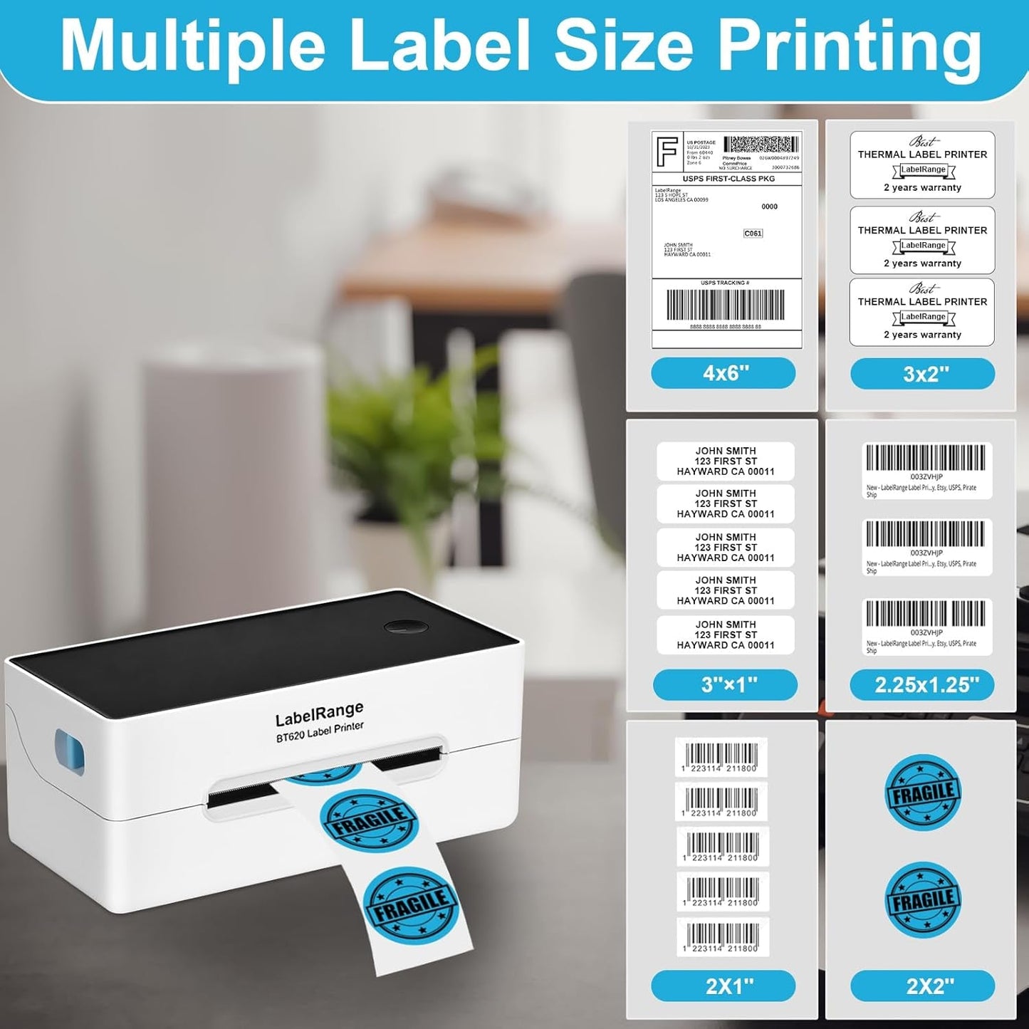 Ecommerce Shipping Label Printer, Thermal 4X6 Label Printer, 300 DPI, Bluetooth & USB, Compatible with Ios, Android, Windows, USPS, Pirate Ship, Shippo, Amazon, Ebay, Shopify