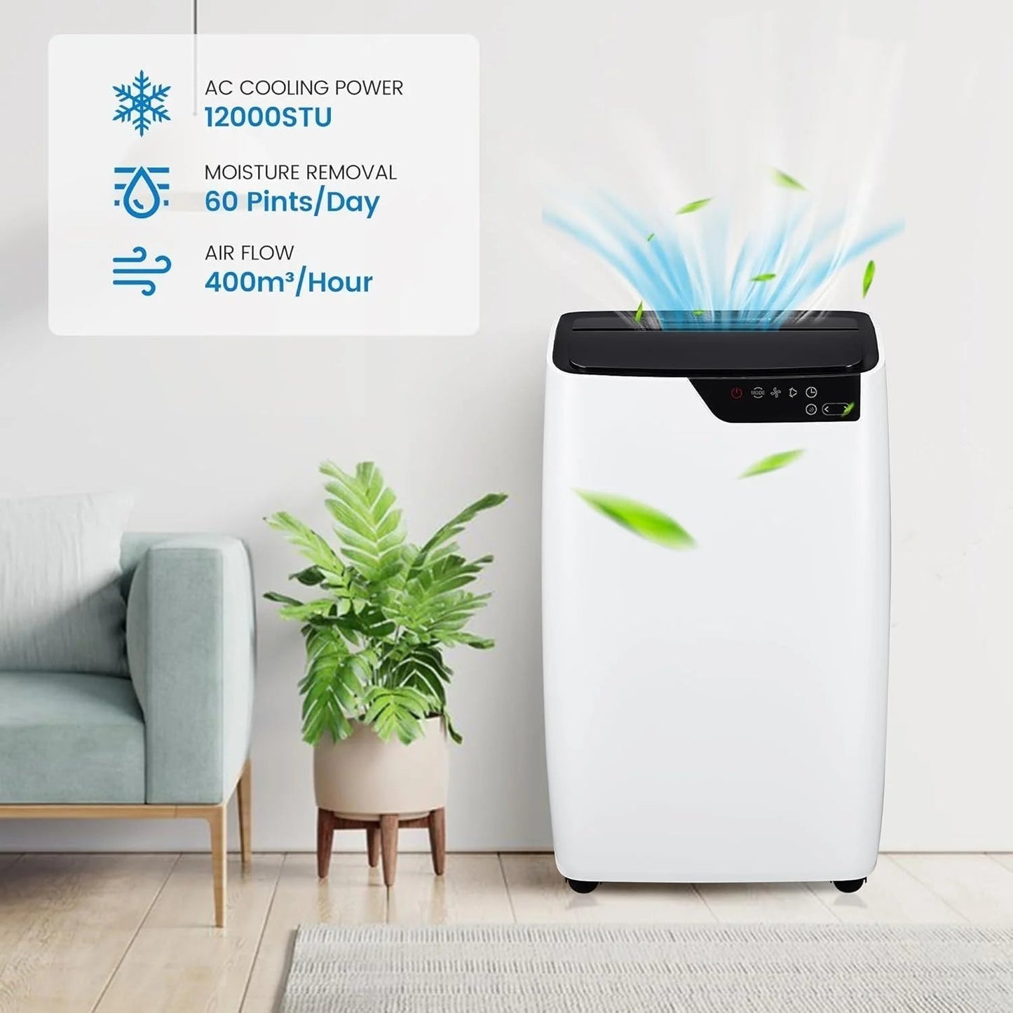 12,000 BTU Portable Air Conditioner Cools up to 750 Sq.Ft, Energy Efficient 3-In-1 Portable AC Unit with Dehumidifier and Fan, Remote Control, 24H Timer & Installation Kits for Large Room