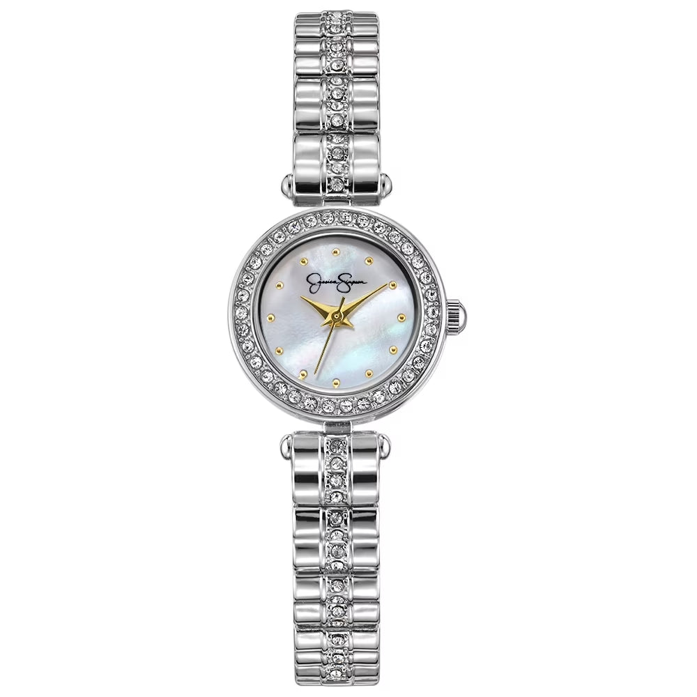 Jessica Simpson Ladies 22Mm Silver Tone Mini Mother of Pearl Dial Crystal Bezel Bracelet Watch