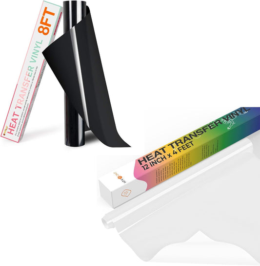 HTV Vinyl Rolls Heat Transfer Vinyl - 12" X 8Ft Black Iron on Vinyl+ 12" X 4FT White HTV for T-Shirts