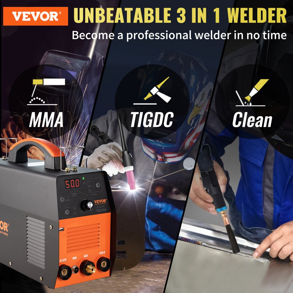 TIG Welder, 210Amp 3 in 1, 110/220V Dual Voltage HF Tig/Stick/Clean Welding Machine W/ USB, IGBT Inverter & Torch, Digital Arc Welder for Stainless Steel, Iron, Mild Steel, Copper, and Nickel