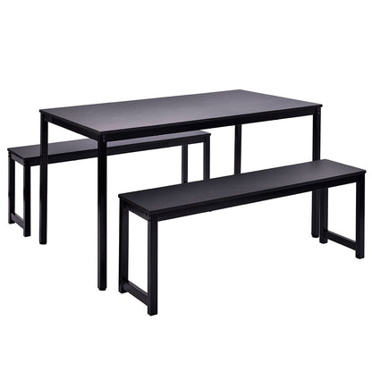 Dining Room Table Set, 3-Piece Breakfast Nook Dining Table Set with Two Benches, Dining Room Table Set Kitchen Table Set with Metal Frame, Modern Furniture for Home Cafeteria, Black