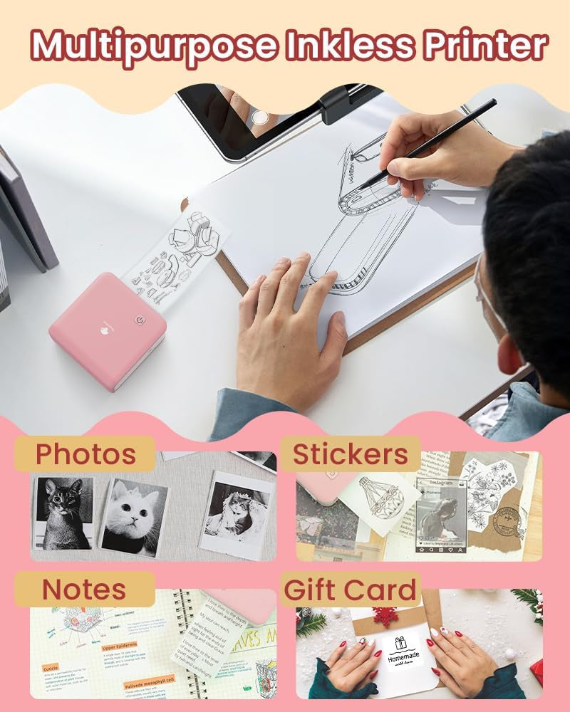 Phomemo Mini Sticker Printer - Print Pods M02 Pro 300Dpi Mini Pocket Printer, Sticker Printer Maker Thermal Label Machine for Photo Printing, Diys, Study Notes, Travel, Work and Study, Gift, Pink