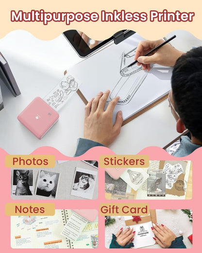 Phomemo Mini Sticker Printer - Print Pods M02 Pro 300Dpi Mini Pocket Printer, Sticker Printer Maker Thermal Label Machine for Photo Printing, Diys, Study Notes, Travel, Work and Study, Gift, Pink