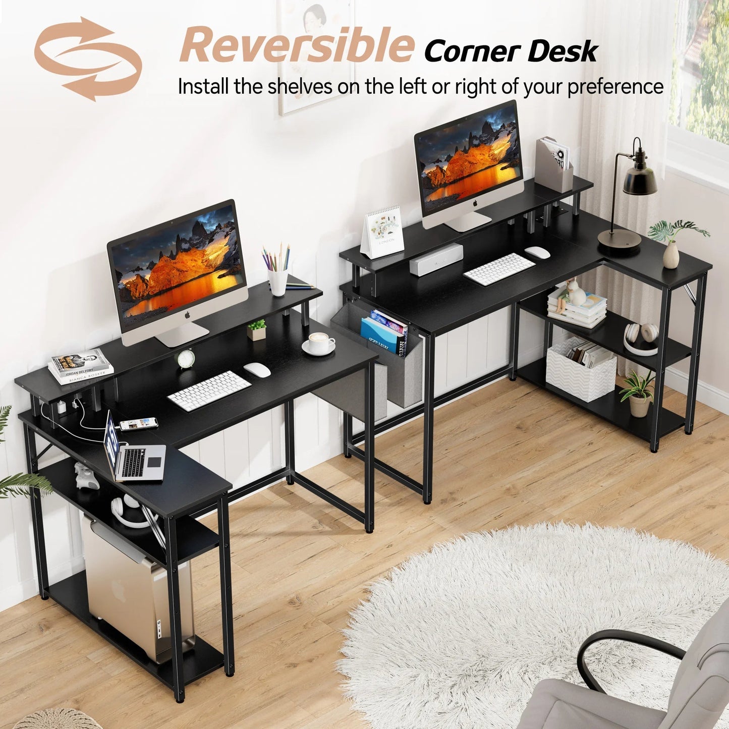 L-Shaped Office Desk with Power Outlets & LED Lights, 47" Computer Desk with Monitor Stand, Black