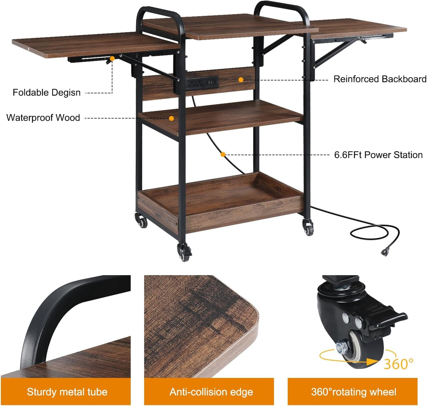 Heat Press Stand Table with Charging Station (2 Outlet and 2 USB Ports), 3 Tier Heat Press Stand for Sublimation Print, Movable Heat Press Table Workbench with Folding Shelf