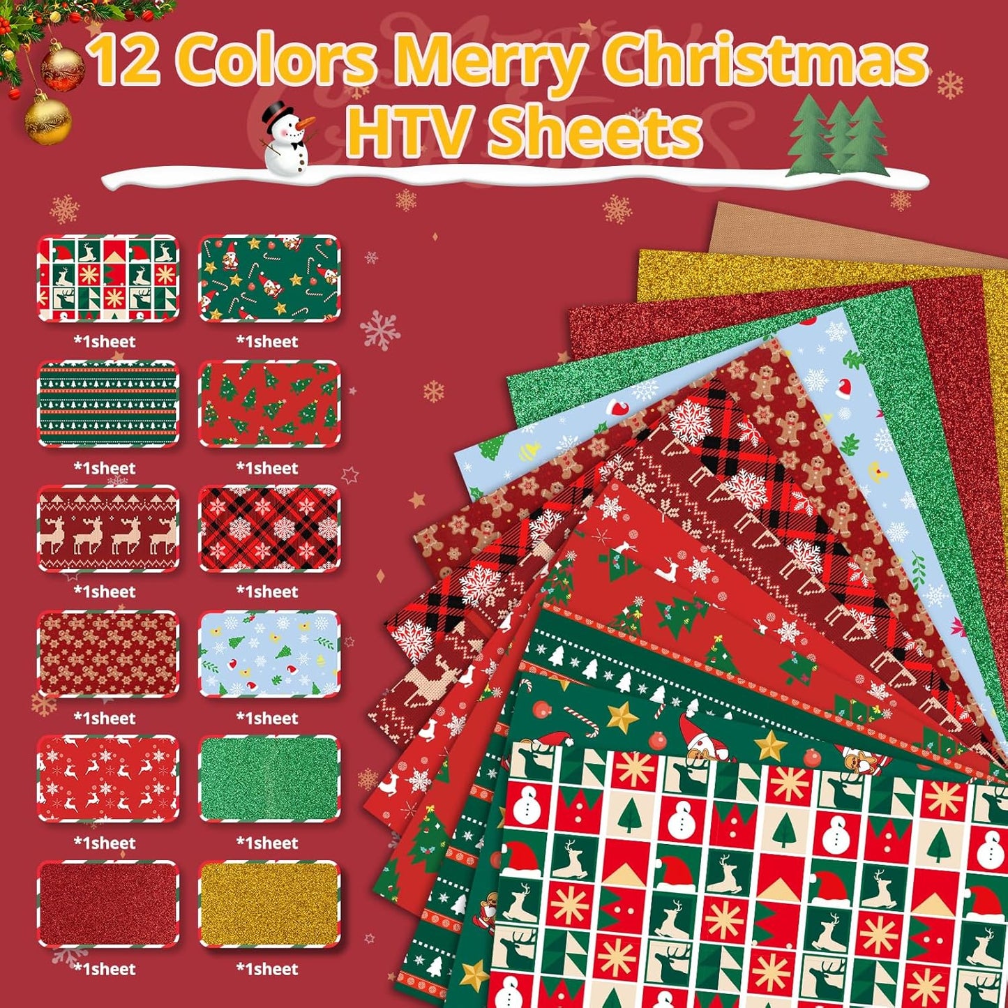 Christmas HTV Heat Transfer Vinyl - 13Pack Patterned Iron-On Vinyl Sheets, Buffalo Plaid & Glitter HTV Vinyl for T-Shirts, Compatible with Cricut & Silhouette for Christmas Gift