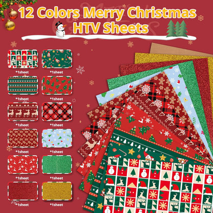 Christmas HTV Heat Transfer Vinyl - 13Pack Patterned Iron-On Vinyl Sheets, Buffalo Plaid & Glitter HTV Vinyl for T-Shirts, Compatible with Cricut & Silhouette for Christmas Gift