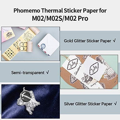 Phomemo M02/M02 Pro/M02S/M03/M03As/M04S Pocket Printer Paper- Transparent/Silver/Gold Glitter Sticker Paper