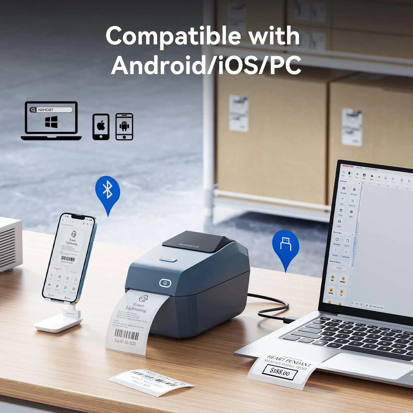 Thermal Label Printer, 3" Bluetooth Label Printer for Business and Industry,Printing Pictures, Text, Barcodes, Support Bluetooth/Usb/Wifi(Blue)