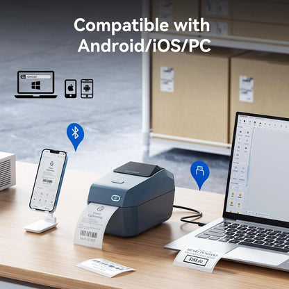 Thermal Label Printer, 3" Bluetooth Label Printer for Business and Industry,Printing Pictures, Text, Barcodes, Support Bluetooth/Usb/Wifi(Blue)