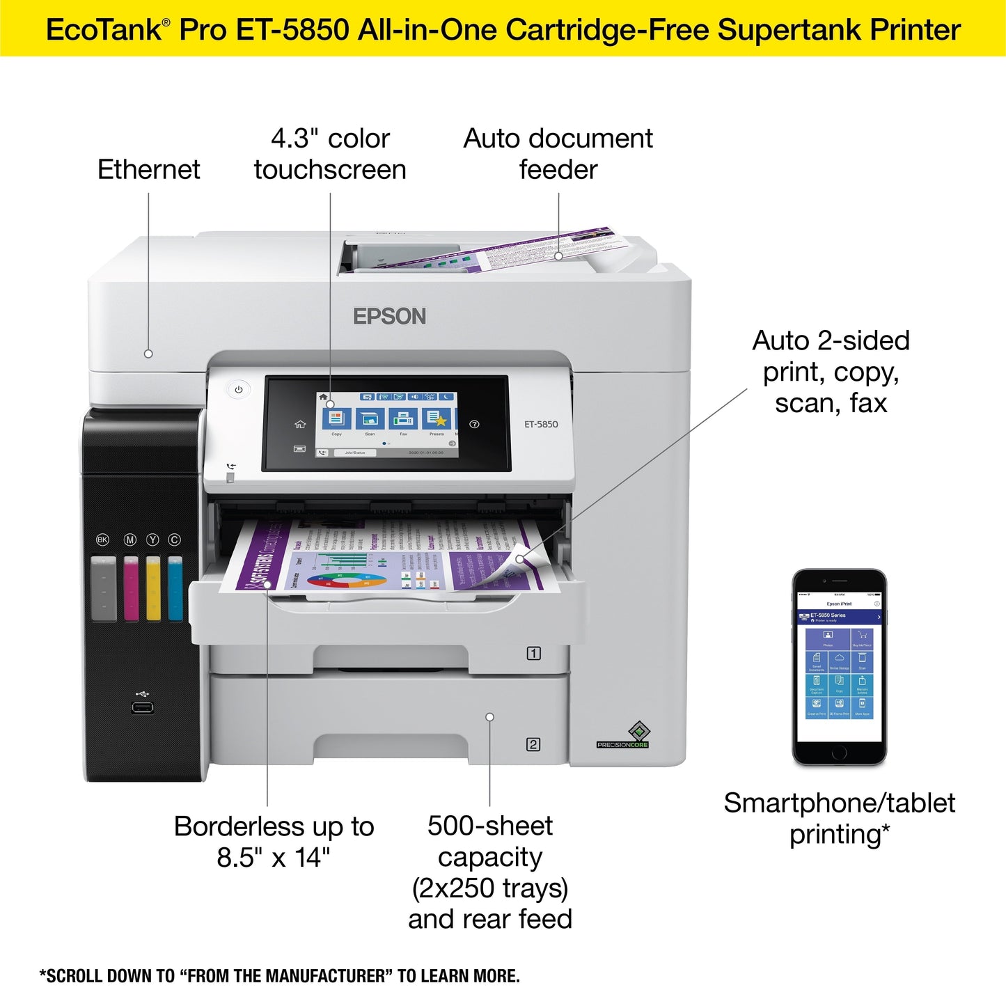 Ecotank Pro ET-5850 Wireless Color All-In-One Supertank Printer with Scanner, Copier, Fax and Ethernet