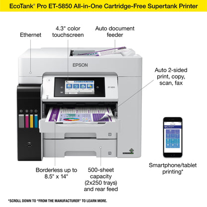 Ecotank Pro ET-5850 Wireless Color All-In-One Supertank Printer with Scanner, Copier, Fax and Ethernet