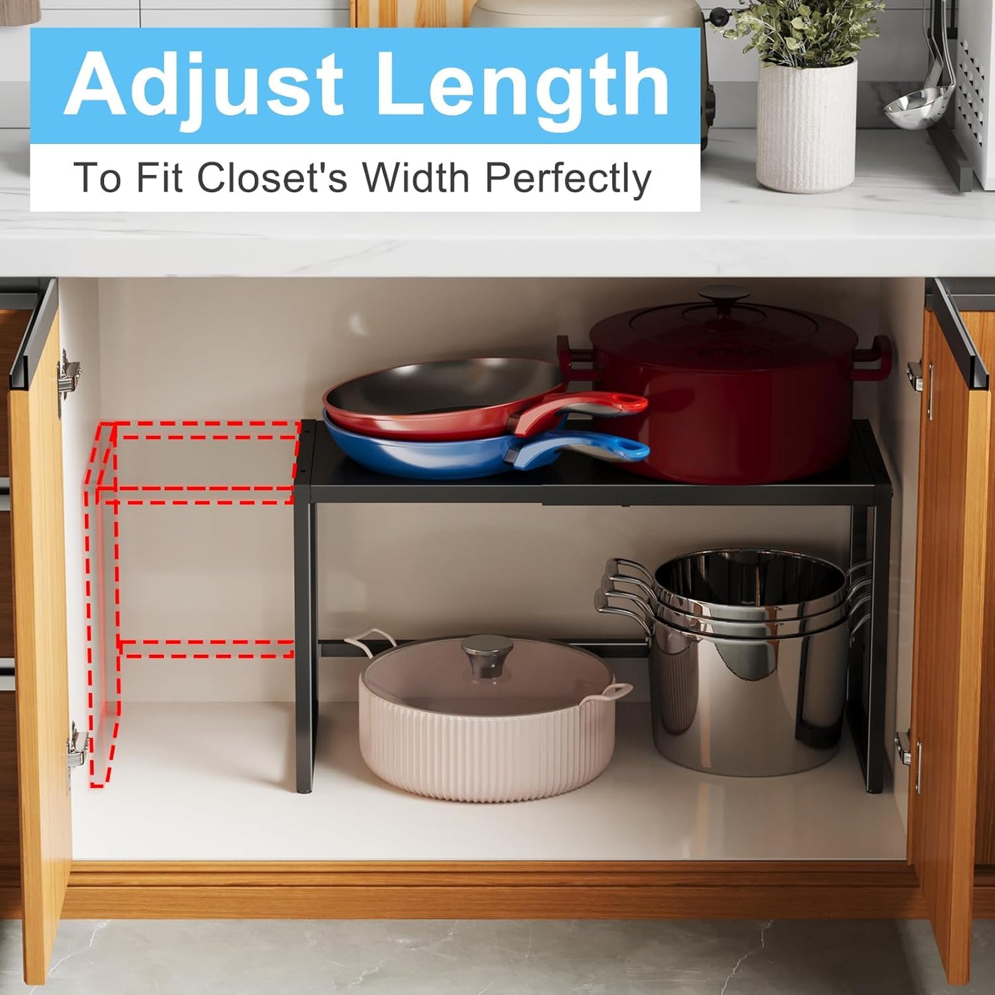 Expandable Metal Storage Shelves, 110LBS Heavy Duty Shelving Units and Storage for Pots Pans Small Appliances, Adjustable Metal Storage Shelf Organizer Rack for Kitchen Cabinets Closet Pantry Garage