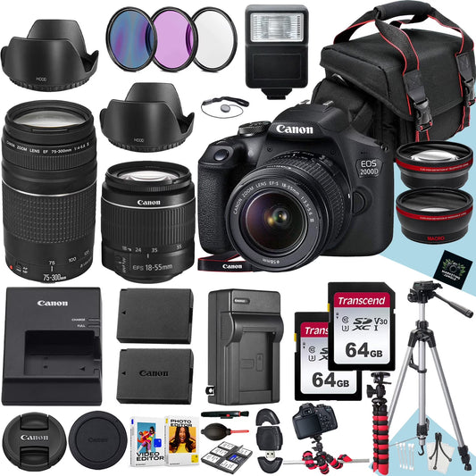 Canon EOS 2000D / Rebel T7 DSLR Camera with Canon EF-S 18-55Mm F/3.5-5.6 DC III Zoom and EF 75-300Mm F/4-5.6 III Lens + 128 GB Memory + Extra Battery + Tripod + More (33Pc Bundle)