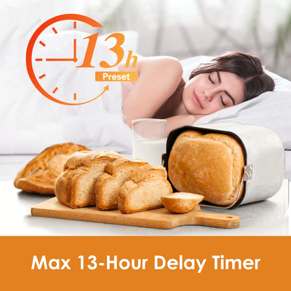 2Lb Bread Machine with Auto Fruit Nut Dispenser, 12 Presets Bread Maker Gluten-Free Setting, 13 Hour Delay Timer, White