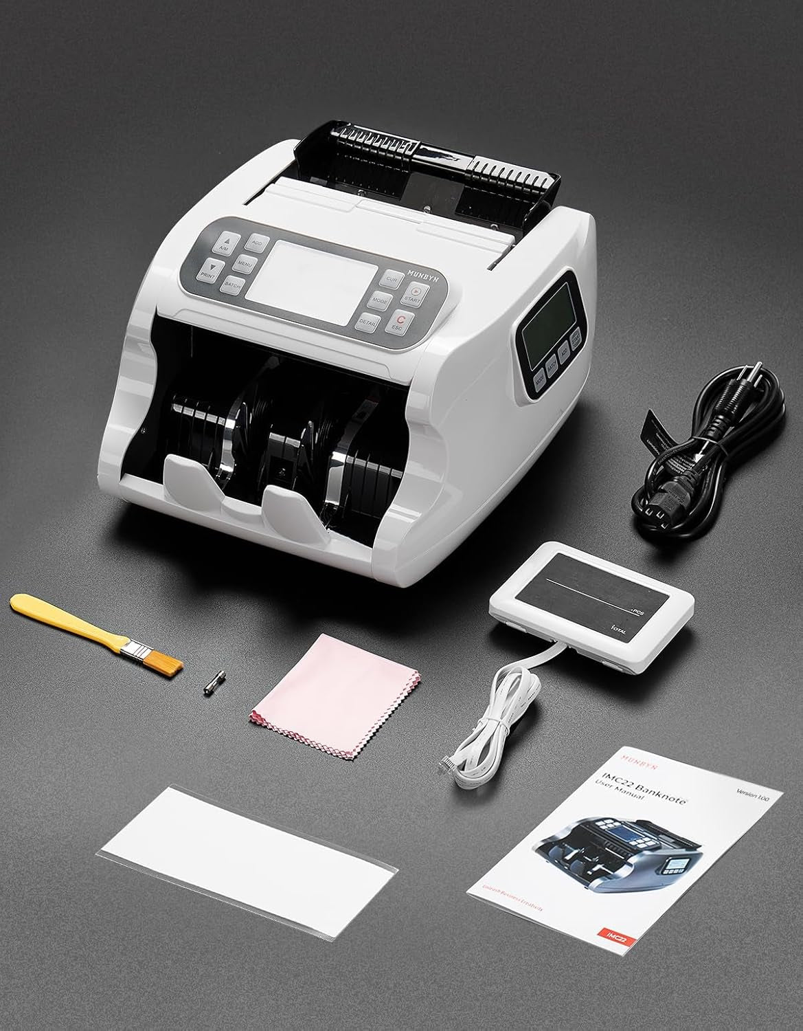 MUNBYN IMC22 Money Counter Machine Mixed Denomination, Dual-Display, CIS/UV/IR/MG Counterfeit Detection Bill Counter, USD, MXN, COP, CAD Cash Counter for Business, Merchant, 2Y Protect (White)